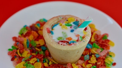 A True Cereal Killer - The Unicorn Pride Cookie Cup is made with Fruity Pebbles