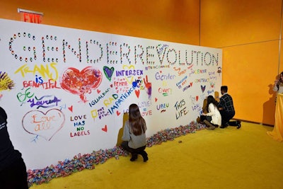 National Geographic hosted two separate movie premieres for its documentary Gender Revolution in Washington and New York in February 2017. The standout element at both events was an eye-catching message wall. Before the screening, the white wall with the hashtag #GenderRevolution emblazoned across the middle served as a decor element. Afterward, event producers brought out paint and markers for guests to decorate with. A mixture of handprints and empowering statements about sexuality and gender identity covered the walls by the end of both events.