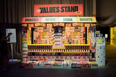 “It is an interesting time for art and activism this year,” Hueston said, “and for one of our rooms we collaborated with the New York Mayor’s Office to create a full NYC-inspired newsstand called ‘The Values Stand.’ We custom-designed newspapers, potato chip, and candy packets to raise awareness on issues that face our world today, and even had an ‘ATM’ where our audience could register to vote.”