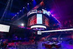 Created Video Content and Logo Design with Projector Screens with Stage Truss and Textured Lighting