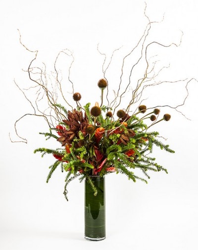 Bromeliads peek through a spray of echnicea, curly willow, and seed pods