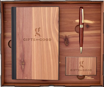 Engrave our Executive Wood Gift Set with your logo - buy one, plant a tree