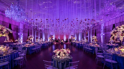 Wedding with Custom Ceiling Decorations, Crystal Chandeliers, Stage Drape and Lighting