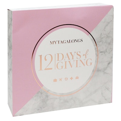 Mytagalongs’ Advent Gift Box ($25) contains 12 travel-ready items including a nylon drawstring shoe bag, nail file, ear plugs, earbud case, clear travel jar, luggage tag, eye mask, two silicone travel bottles, a compact mirror brush, and two elastic hair ties. A minimum order of three is required; shipping is available in the U.S. and Canada.