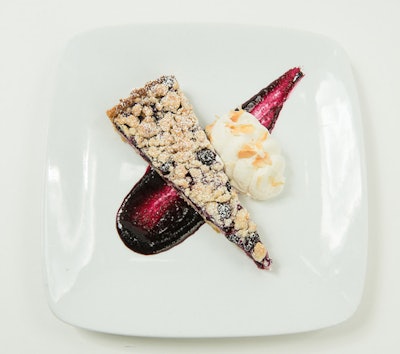 Chatham Farm three-berry pie baked in a cinnamon-vanilla bean streusel crust, served with toasted almond gelato and a sage wild berry puree, by Abigail Kirsch Catering in New York
