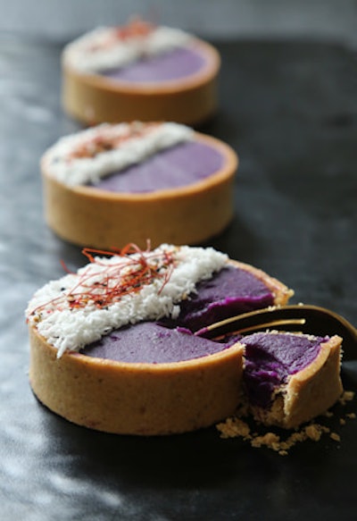 Ube tart with shredded coconut, togarashi spice, and chili threads, by Eatertainment in Toronto