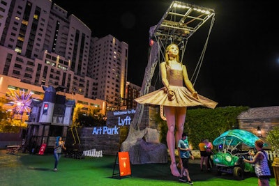One of the installation's most eye-catching pieces is Euterpe, a 30-foot ballerina marionette that can be programmed to perform four shows nightly. The piece had previously been displayed at Burning Man.