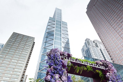 The floral installation at the Comcast Center featured blooms in varying shades of purple.