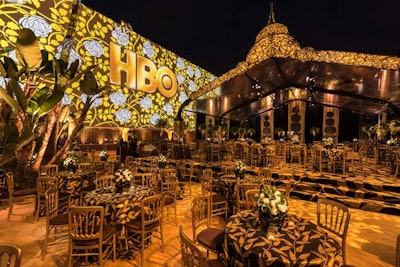 For HBO’s 2016 Golden Globes party in Los Angeles, the network’s Cindy Tenner worked with longtime design partner Billy Butchkavitz on a “winter garden”-theme design. Gold was the primary color, with touches of black and cream.