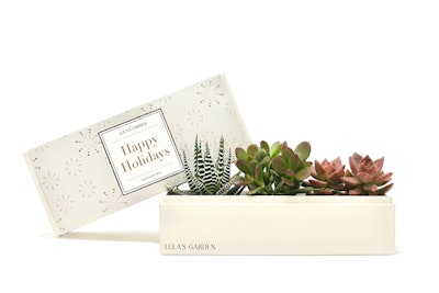 Lula’s Garden, a succulent gifting company, sells eco-friendly plants in a crafted gift box that's designed to serve as a planter. Gardens are available in five sizes, starting at $25 for a medium-sized succulent. Custom sleeve, card, and gift tag options are also available; shipping is available nationwide.