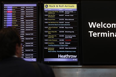 Queen songs were displayed on an arrivals board, which was renamed 'Rock & Roll Arrivals.'