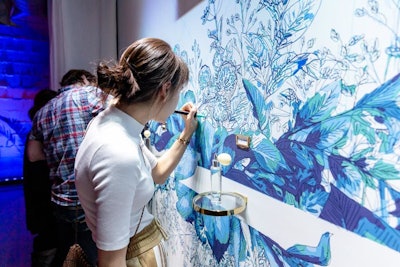 The spritz station also features a custom mural, which guests can color in with Bombay Sapphire's signature blue and teal hues.