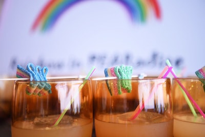 'Rainbow in Pear-adise' cocktails were garnished with sour rainbow candy strips.