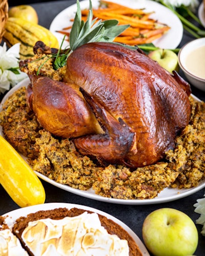 For a more traditional option, Wexler's Deli in Santa Monica offers a Thanksgiving feast featuring a whole smoked turkey with gravy, squash soup, challah stuffing, roasted carrots, and more, plus a choice of pecan or pumpkin pie. Wine and caviar are also available add-ons. Order deadline is November 18 and the items are available for pickup or delivery on November 21. The feast costs $395 and serves 10 to 12 people.