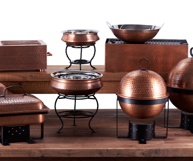 Antique copper service collection, price varies per item, available in the mid-Atlantic and New England region from Party Rental Ltd.