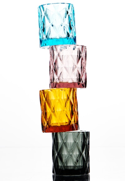 Aqua, amethyst, amber, and smoke Hearst votives, price upon request, available in the mid-Atlantic and New England region from Party Rental Ltd.