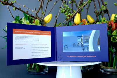 Engaging Invites recently launched a new product that incorporates a virtual-reality touchscreen into an invitation or brochure. It allows the recipient to interact with the embedded video with the touch of a finger, such as navigating around a venue’s floor plan. Pricing for the custom-made items varies depending on quantity and design needs.