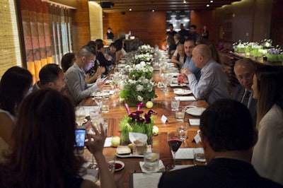 A long table, with whimsical touches, can engage attendees. Sieko/Novak event, Zuma, NYC