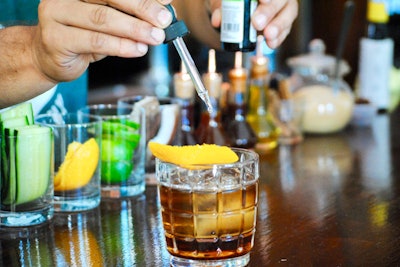 Adriaen Block in Astoria, Queens, serves signature drinks with CBD tinctures such as the Rolled Fashioned with Aperol, Pineau des Charentes, and angostura.