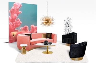 The centerpiece of this room is the Julia sofa from FormDecor ($525 for a week). This coral sofa comes upholstered in luxe velvet with a curved back design and gold stainless steel trim around the base. The item is available for rent in Southern California.