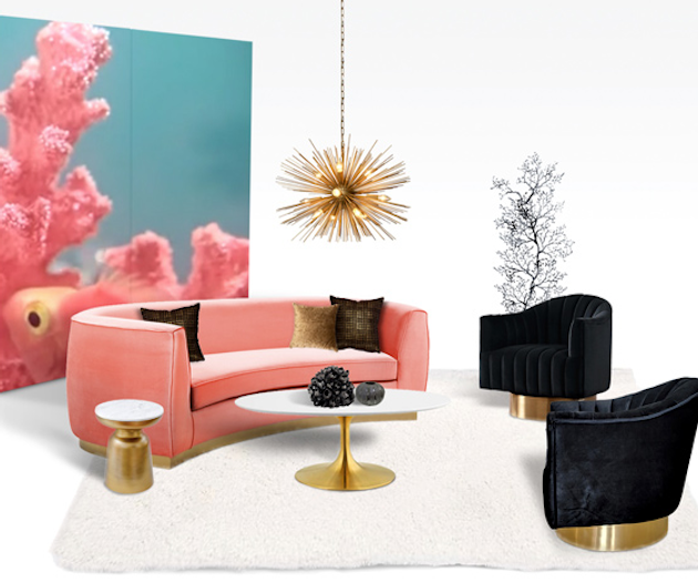 The centerpiece of this room is the Julia sofa from FormDecor ($525 for a week). This coral sofa comes upholstered in luxe velvet with a curved back design and gold stainless steel trim around the base. The item is available for rent in Southern California.