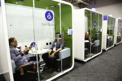 ZenSpace's “Smart Pods” are Wi-Fi-enabled enclosures outfitted with video displays, smart locks, smart lights, and power and USB outlets, and can be placed anywhere in an event space.