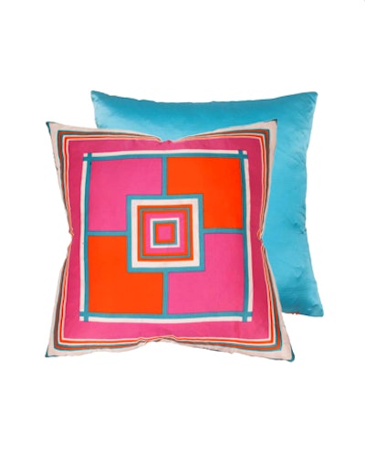 This silk scarf pillow from FormDecor ($42 for a week) features a modern grid with blocks of pink, orange, and white with a solid teal back and is an easy way to incorporate coral into almost any design. It’s available for rent in Southern California.