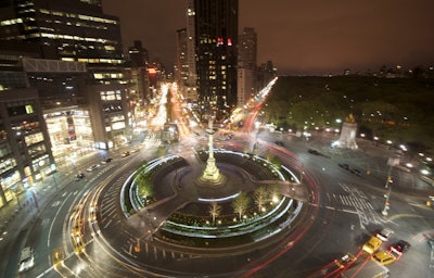 Night view of Columbus Circle and Central Park.