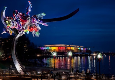 View from the outdoor terraces of Arne Quinze’s ‘Scarlet Natural Chaos” and the Kennedy Center