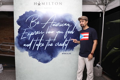 The post-show reception included a meet-and-greet with Hamilton creator Lin-Manuel Miranda. One photo backdrop displayed a quote from the Hamilton Mixtape with a reference to the American Express brand.