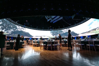 The 40,000-pound 'Halo,' which was made up of 840 LED tiles, was held up with custom-fabricated L-brackets. An immersive 360-degree video documenting an Ethiopian woman's daily trek for water played throughout the evening.