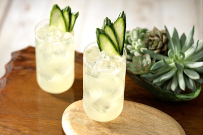 Tequila brand Patrón has two reduced-guilt cocktail ideas for January. The first is a cucumber-coconut margarita, made with Patrón Silver, coconut water, lime juice, simple syrup, and slices of cucumber.