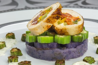 Chicken Roulade with Grilled Okra and Purple Potatoes