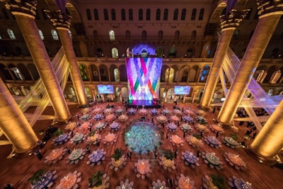 CVW Event Productions illuminates the National Building Museum for the 2018 Washington Performing Arts Gala.