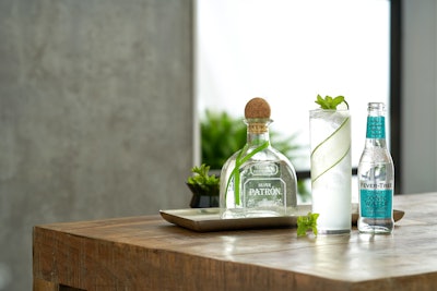 Patrón’s second cocktail is the Detox Tonic: Patrón Silver, Fever Tree citrus tonic water, 10 mint leaves, a cucumber slice, and a cucumber ribbon and mint spring for garnish.