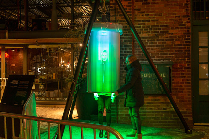 San Francisco-based engineer and light artist Crispell Wagner created Strange Attractor, a human-size cylinder composed of programmed, full-spectrum LED lights. When people step inside the installation, it rotates and LEDs flash in algorithmic patterns that stimulate the optic nerve. The cylinder can rotate at different speeds, creating different visuals.