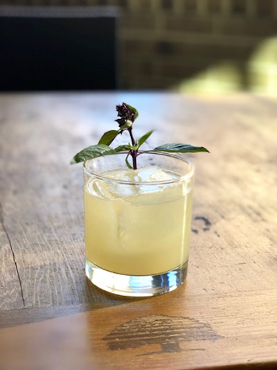Atlanta-based Oak Steakhouse serves the From Nowhere. The alcohol-free drink includes lemon juice, Fee Brothers rhubarb bitters, soda, and basil.