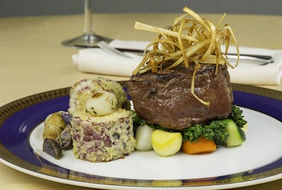 Grilled Filet with Parmesan Corn, Peruvian Potatoes and Parisienne Vegetables