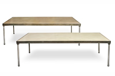 Go for a loft-chic look with Hall's Rental Services' new industrial dining table. The Chicago rental company's table measures 8 feet by 42 inches, and the tabletop is reversible: Choose between a distressed white top or distressed walnut top.