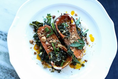 Roasted whole honeynut squash, dukkah, pomegranate, orange