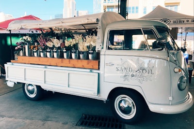 Mobile florist Sand and Soil Flower Truck Co. launched in July. In addition to providing traditional floral decor, the 1960 vintage Volkswagen truck can be used as a D.I.Y. activity station at events. While on site, florists help guests create their own floral arrangements, which can double as party favors.