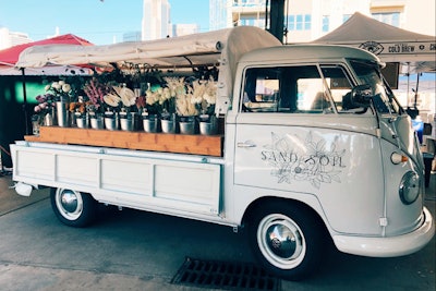 Mobile florist Sand and Soil Flower Truck Co. launched in July. In addition to providing traditional floral decor, the 1960 vintage Volkswagen truck can be used as a D.I.Y. activity station at events. While on site, florists help guests create their own floral arrangements, which can double as party favors.