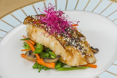 Szechwan glazed sea bass with micro beets and stir fried asian vegetables