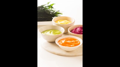 Signature dips, redolent of the Mediterranean lifestyle – Beet Tzatziki, Organic Carrot Hummus, Salsa Verde and Saffron Aioli