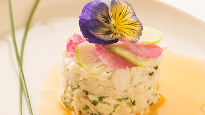 Crab Salad with Watermelon Radishes and Yellow Gazpacho Sauce