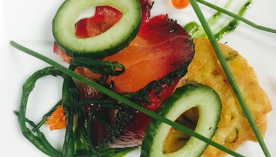 Salmon on Corn Blinis with Pencil Asparagus