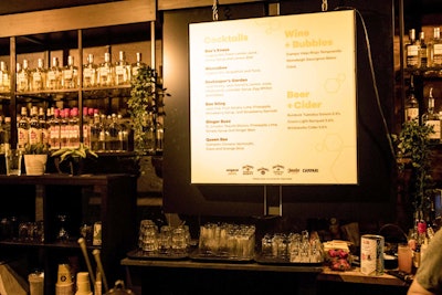 A curated cocktail menu from Bangarang offered on-theme drinks such as Bee's Knees and Ginger Buzz.