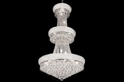 Crystal waterfall chandelier, $1,500, available throughout the U.S. and Canada from Signature Chandeliers