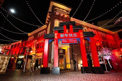 The event was marked with a re-creation of the entrance to Chinatown in Los Angeles, branded with the Chiu name.