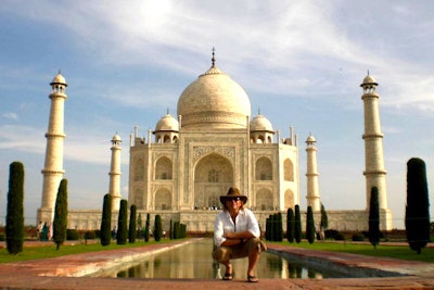 'I am obsessed with grand temples, churches, mosques, castles, and ancient ruins,' says Butchkavitz, pictured here at the Taj Mahal in India. 'Walking through a grand cathedral and seeing how the sunlight illuminates an ornate dome, or crawling inside a pyramid and being blown away by such an architectural wonder, really motivates me to step it up and think outside the box when it comes to my design work.'